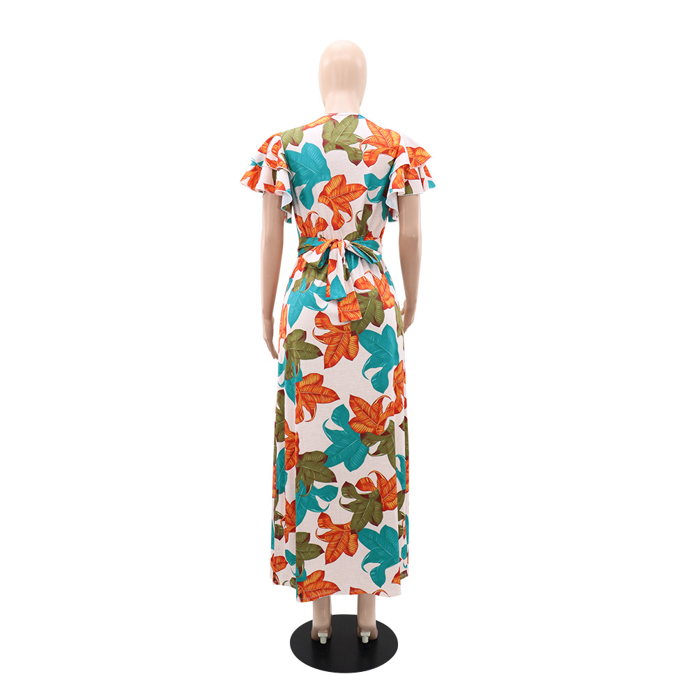 Pinched waist long dress printing dress for women