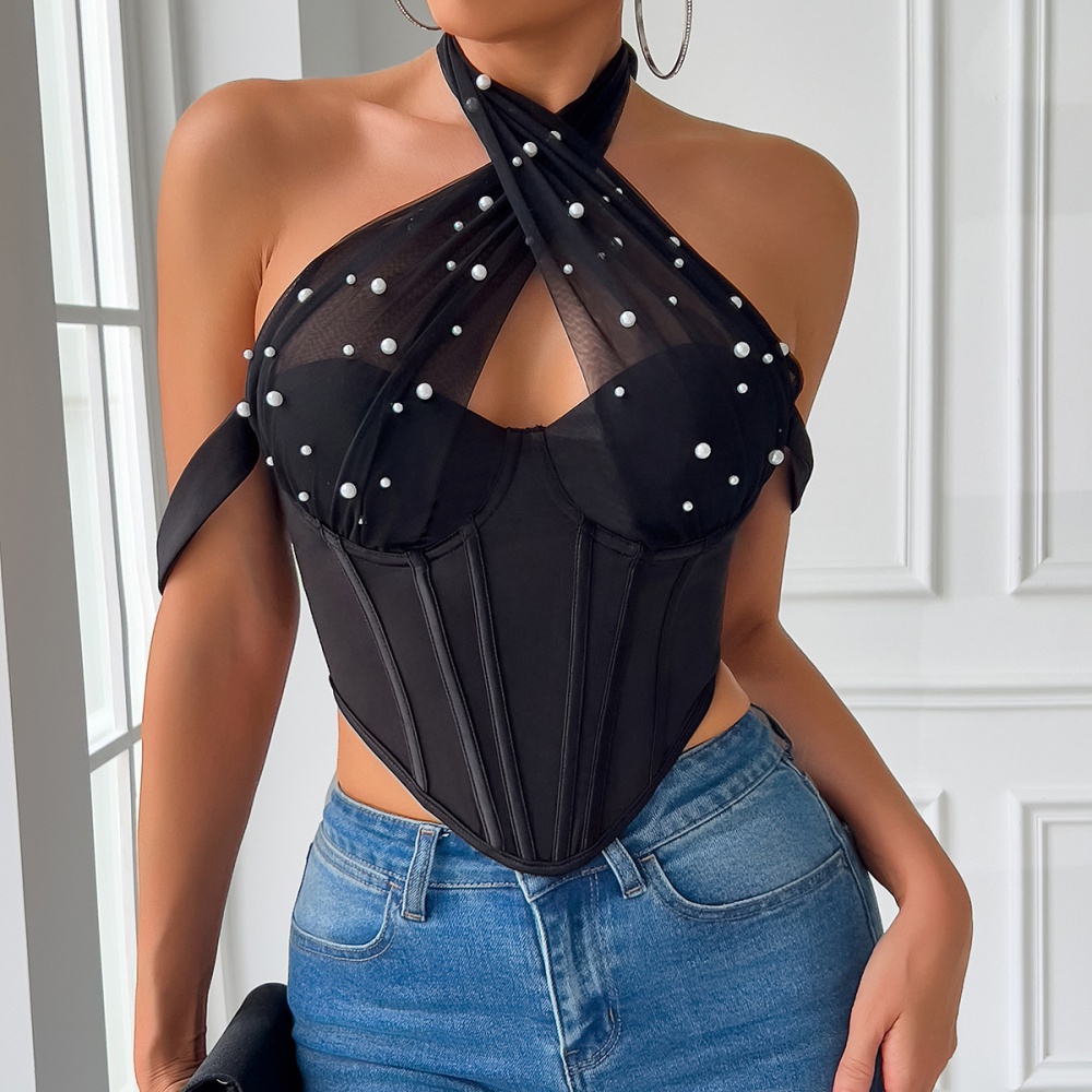 Rims diamond corset pearl wrapped chest vest