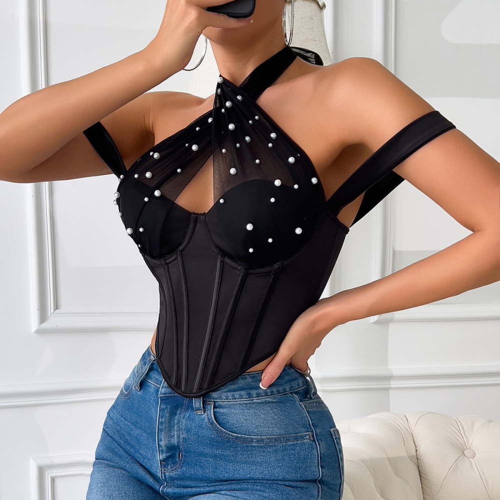 Rims diamond corset pearl wrapped chest vest