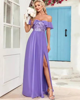 Split sequins evening dress strapless bow long dress