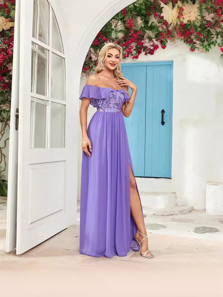 Split sequins evening dress strapless bow long dress