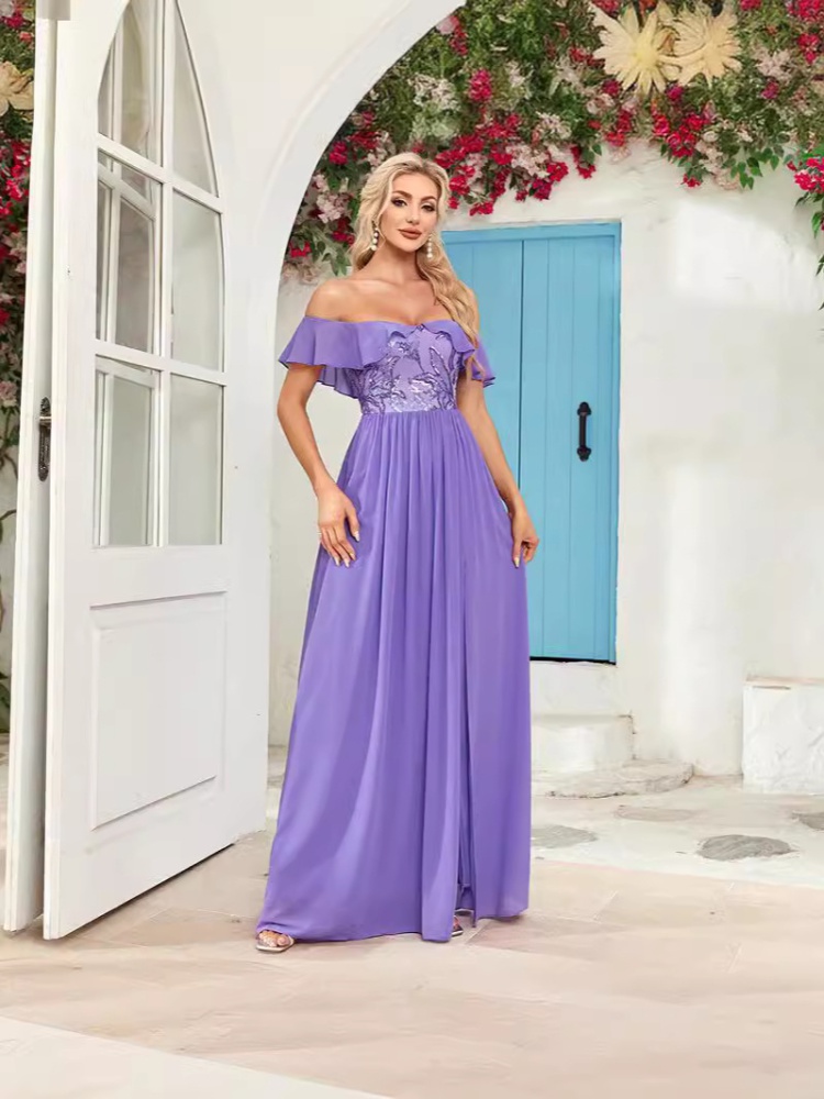 Split sequins evening dress strapless bow long dress