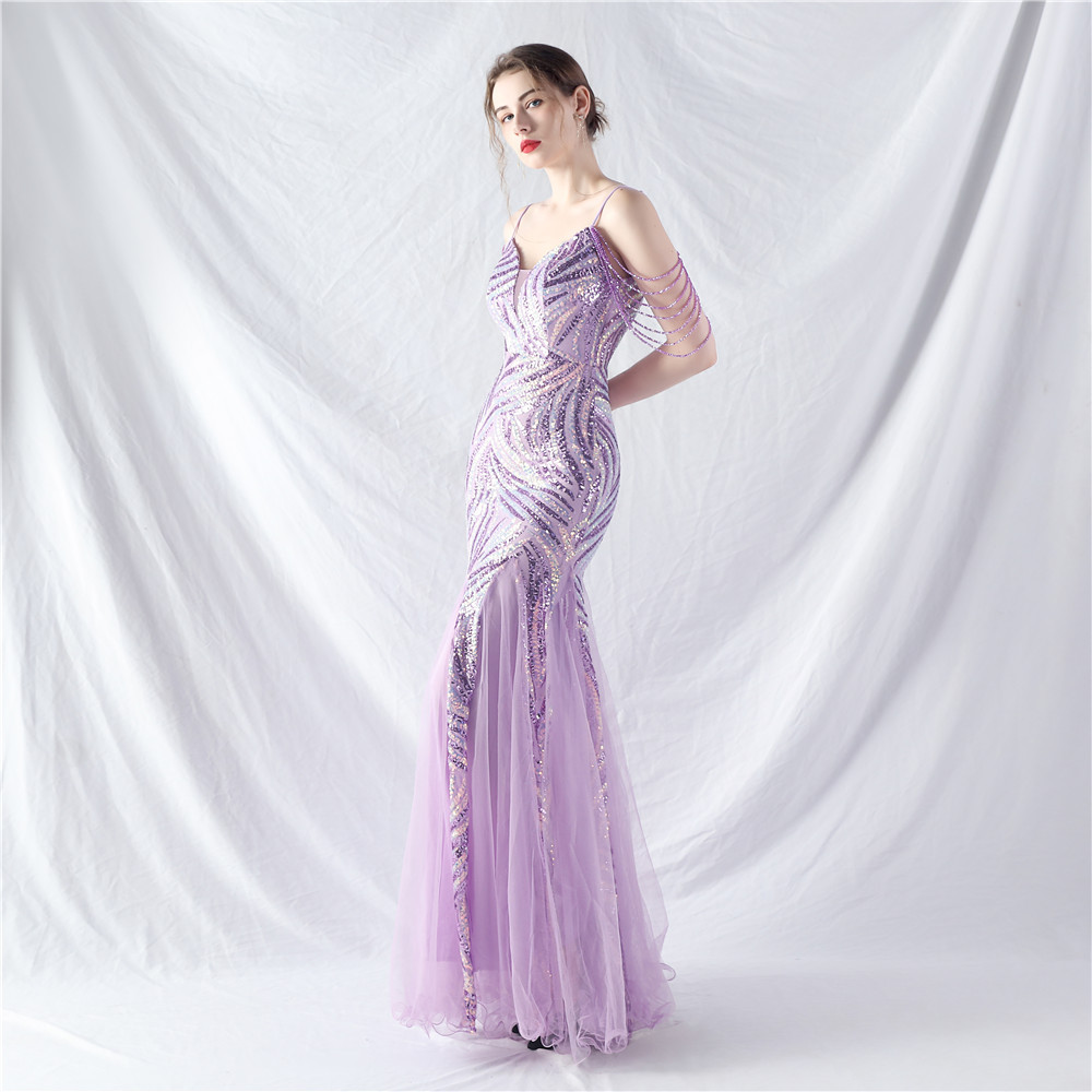 Gauze splice evening dress sequins set beads dress