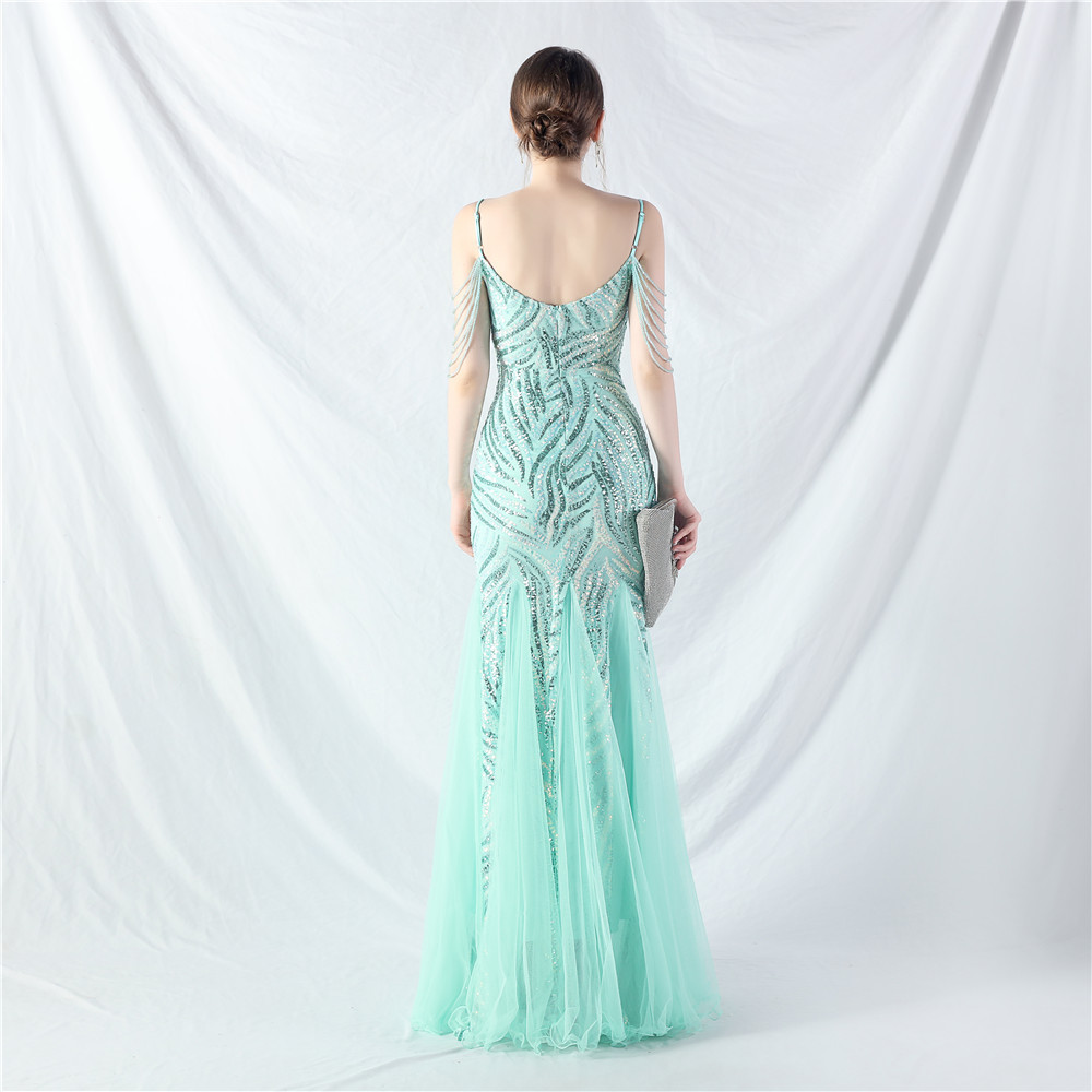 Gauze splice evening dress sequins set beads dress