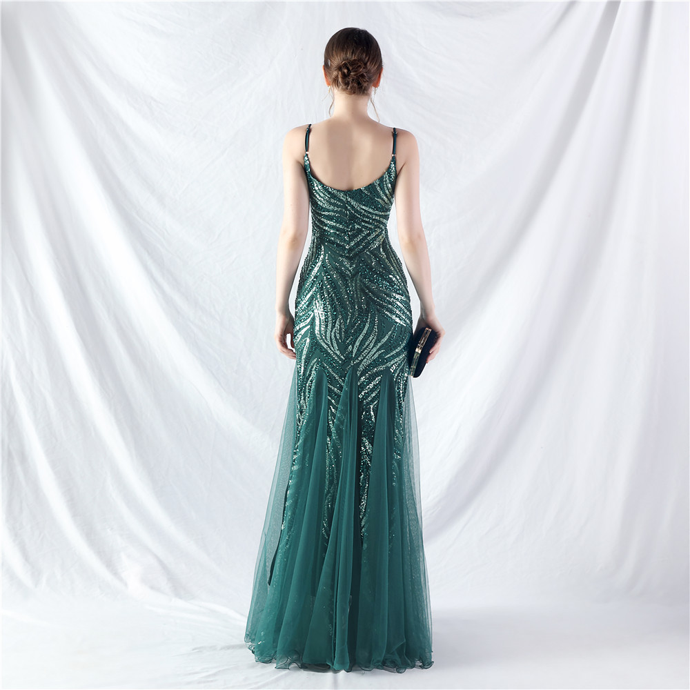 Sequins splice sling gauze evening dress