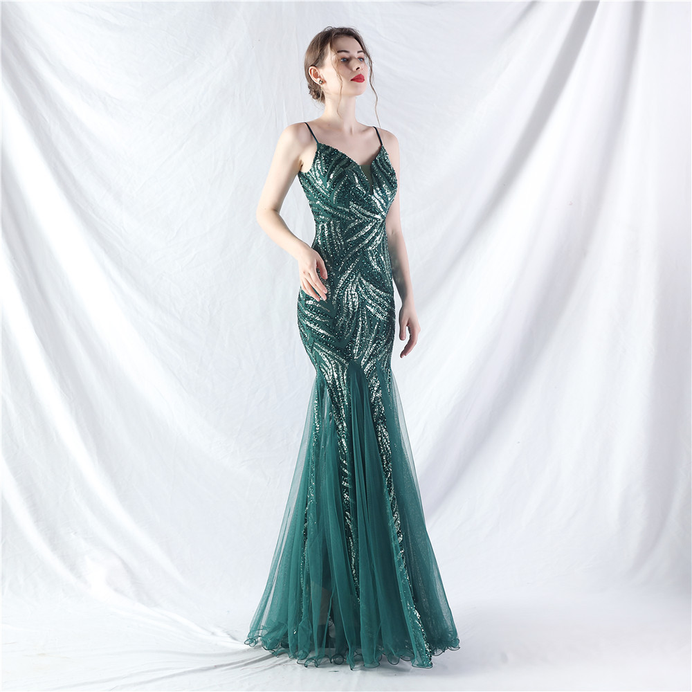 Sequins splice sling gauze evening dress