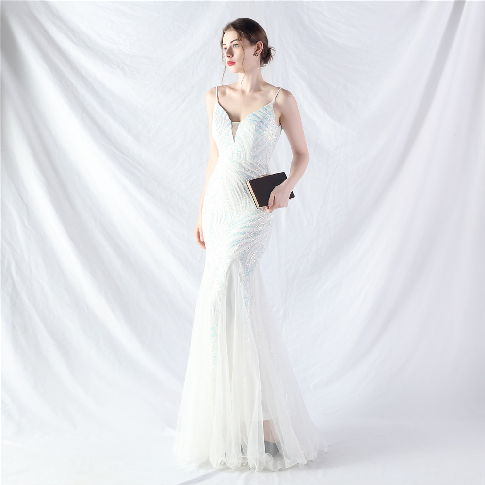 Sequins splice sling gauze evening dress