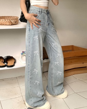 Wide leg black pants loose printing jeans for women