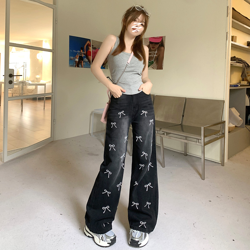 Wide leg black pants loose printing jeans for women