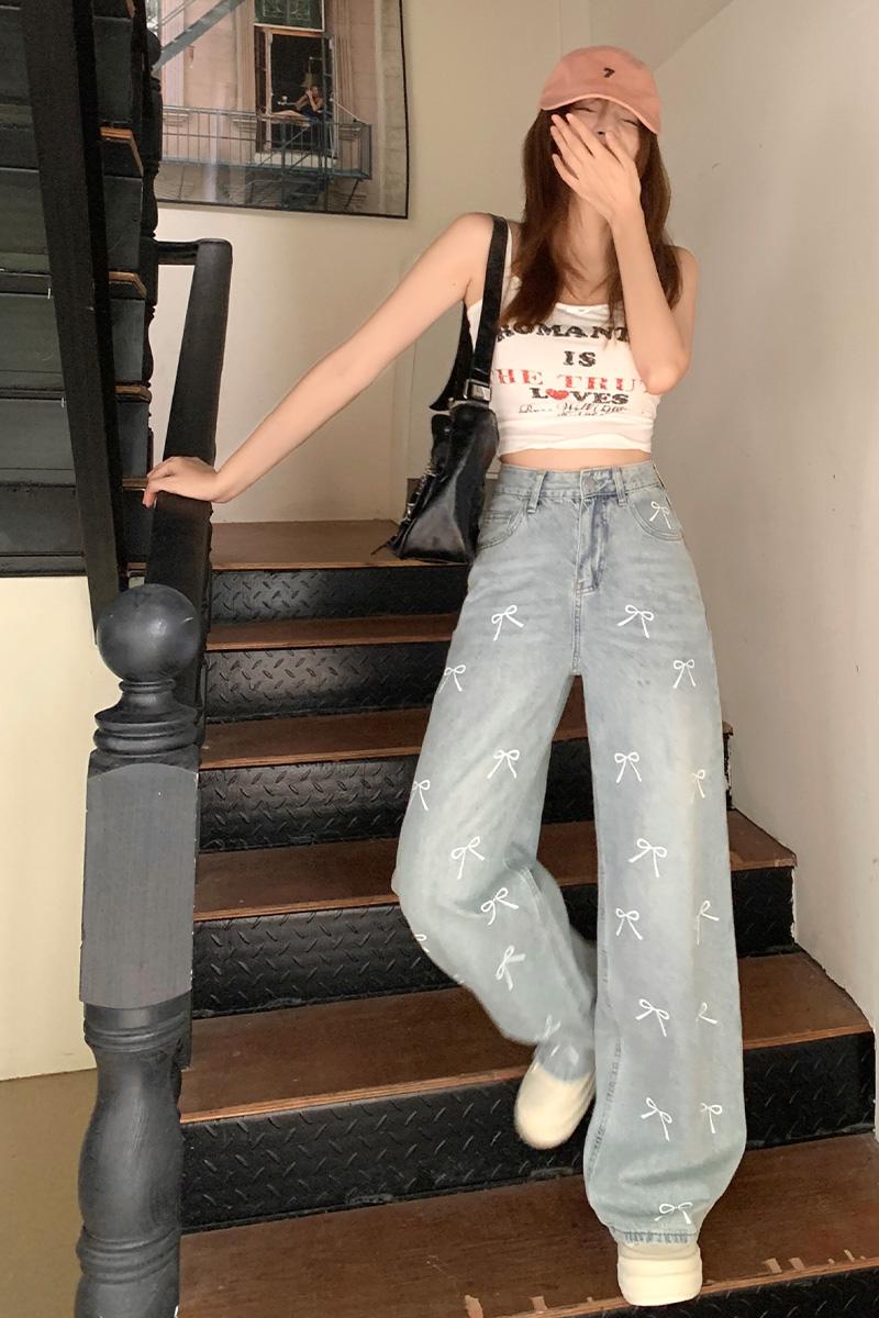 Wide leg black pants loose printing jeans for women