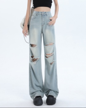 Holes slim jeans straight summer wide leg pants for women