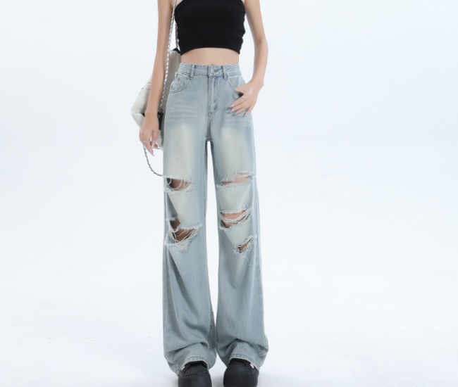 Holes slim jeans straight summer wide leg pants for women