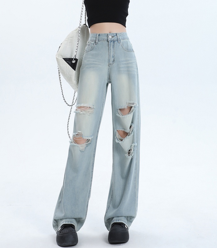 Holes slim jeans straight summer wide leg pants for women