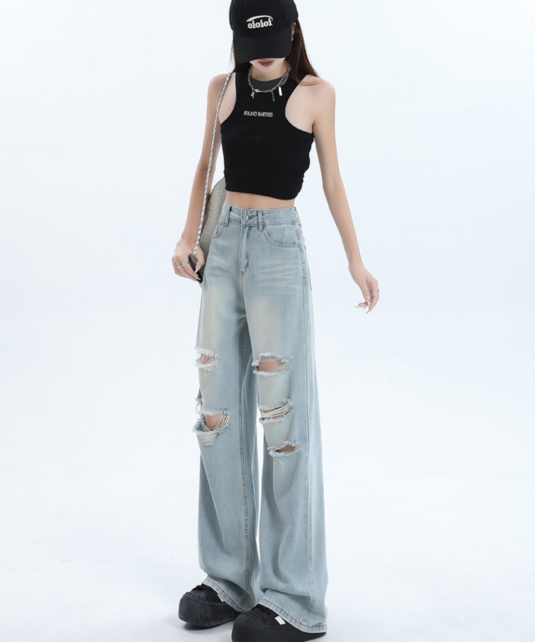 Holes slim jeans straight summer wide leg pants for women