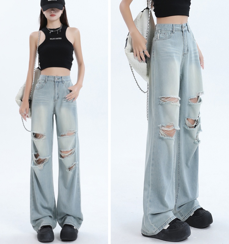 Holes slim jeans straight summer wide leg pants for women