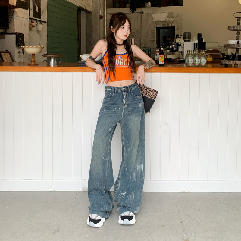 Straight pants wide leg high waist retro loose jeans