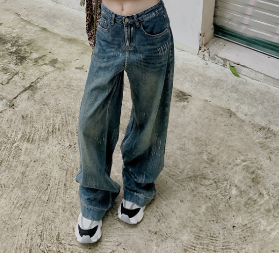 Straight pants wide leg high waist retro loose jeans