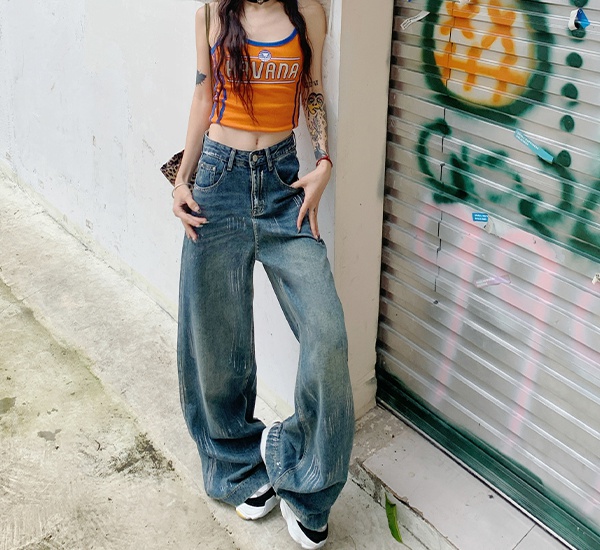 Straight pants wide leg high waist retro loose jeans