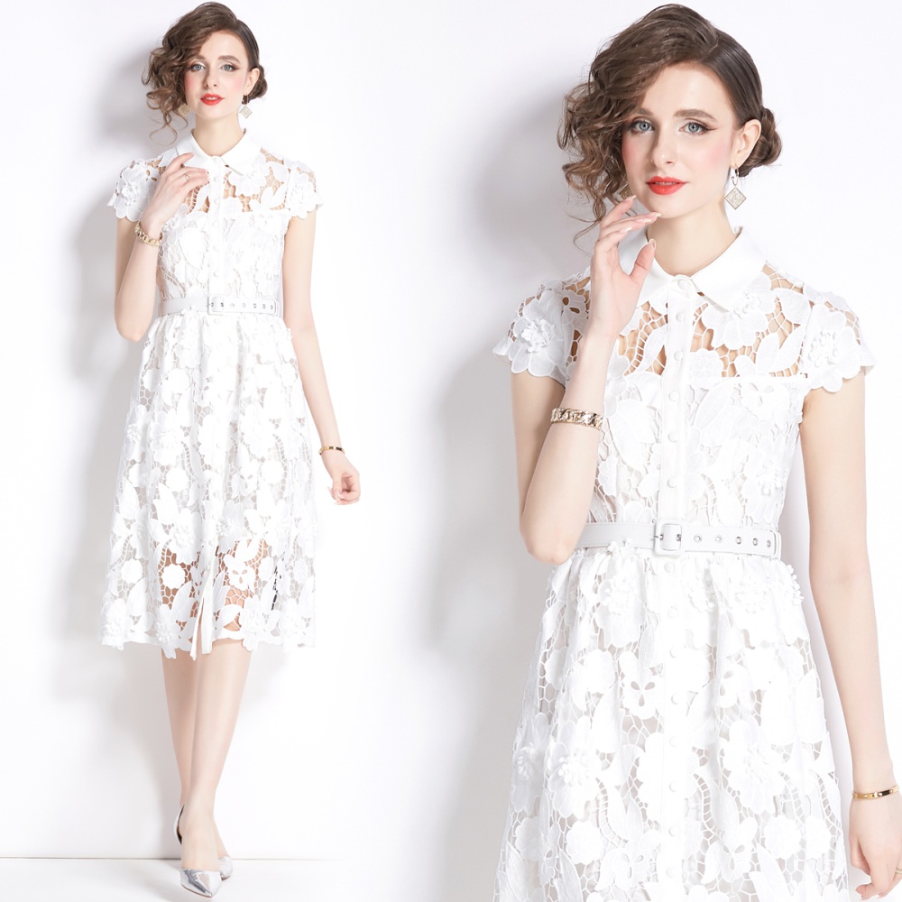 Embroidered chanelstyle lace shirt hollow summer lapel dress