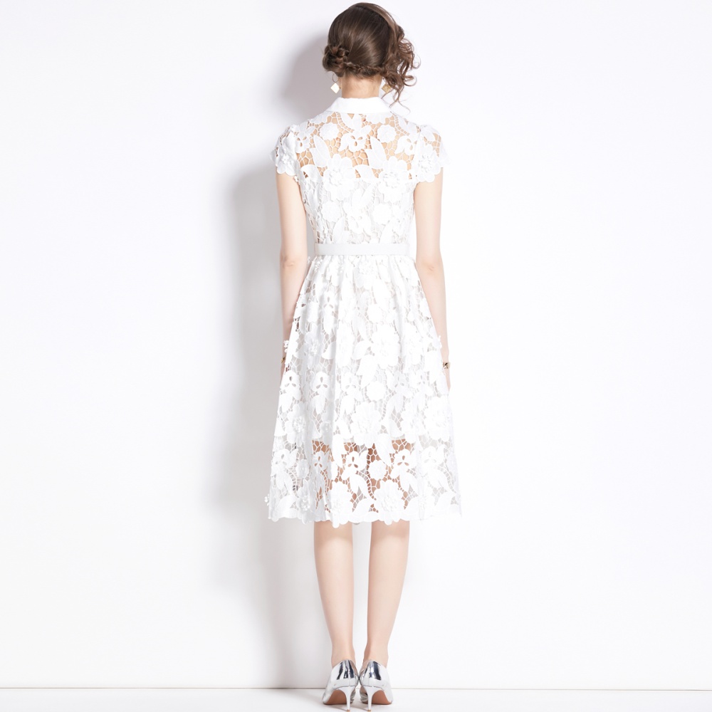 Embroidered chanelstyle lace shirt hollow summer lapel dress