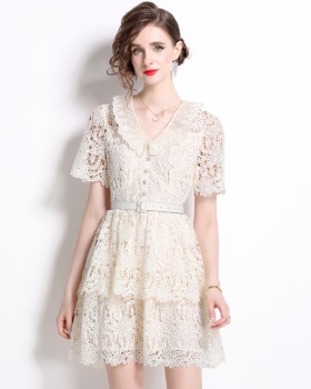 Cake V-neck lace T-back retro short sleeve chanelstyle dress