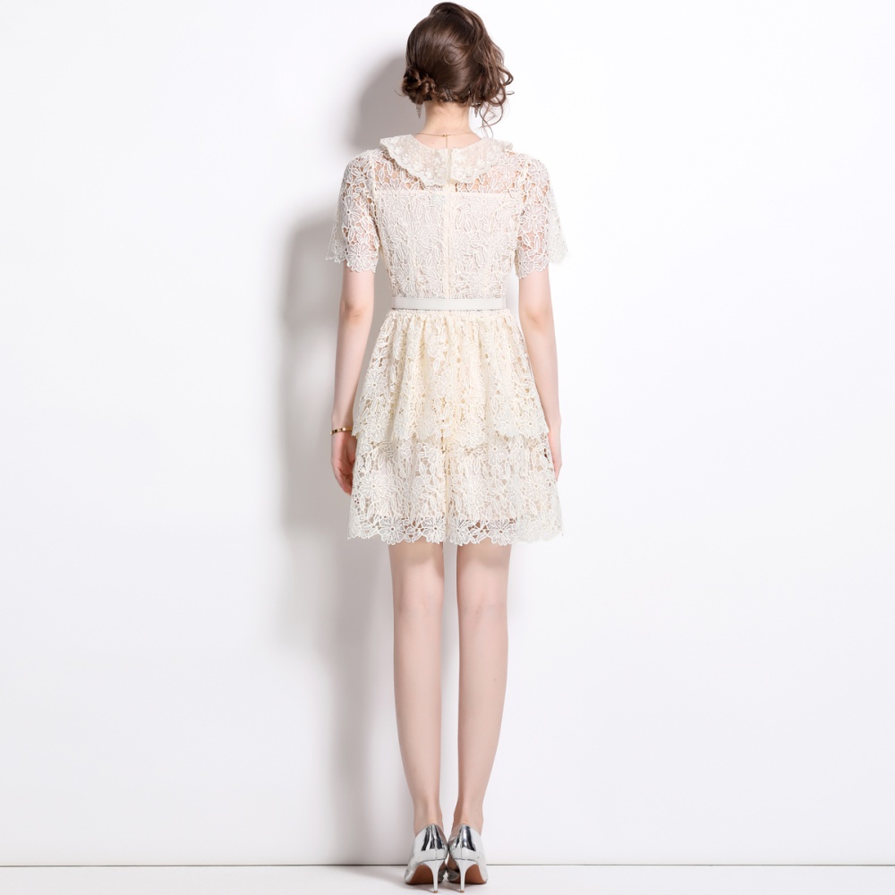 Cake V-neck lace T-back retro short sleeve chanelstyle dress