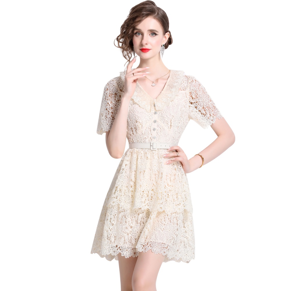 Cake V-neck lace T-back retro short sleeve chanelstyle dress