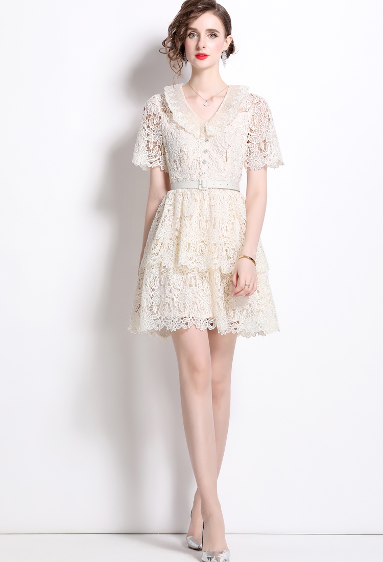 Cake V-neck lace T-back retro short sleeve chanelstyle dress