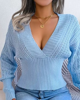 V-neck bat sleeve sweater hollow tops for women