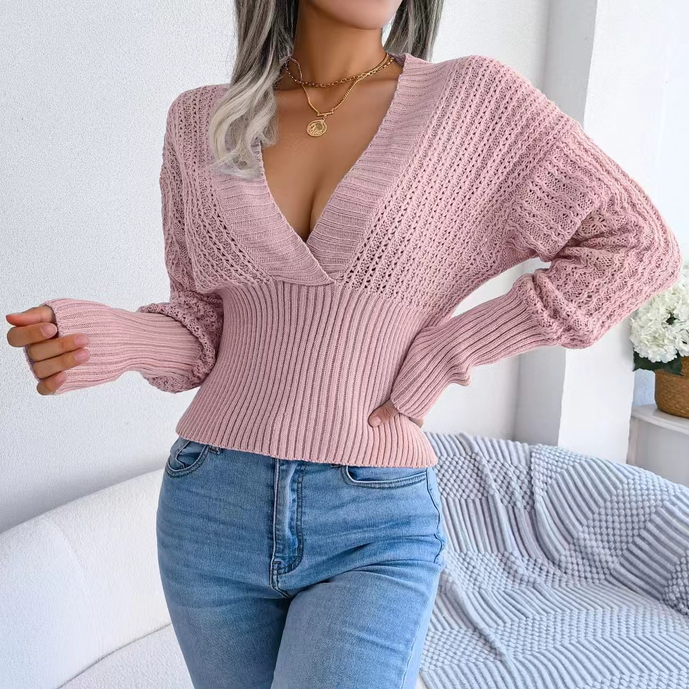 V-neck bat sleeve sweater hollow tops for women