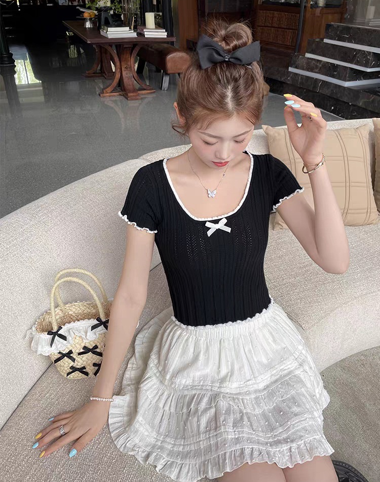 Knitted short sleeve short tops all-match bow sweater