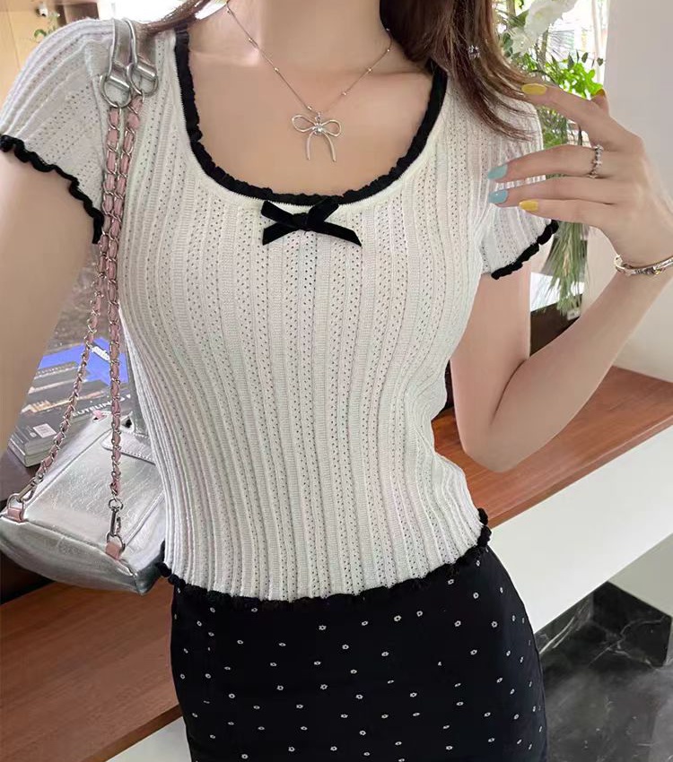 Knitted short sleeve short tops all-match bow sweater