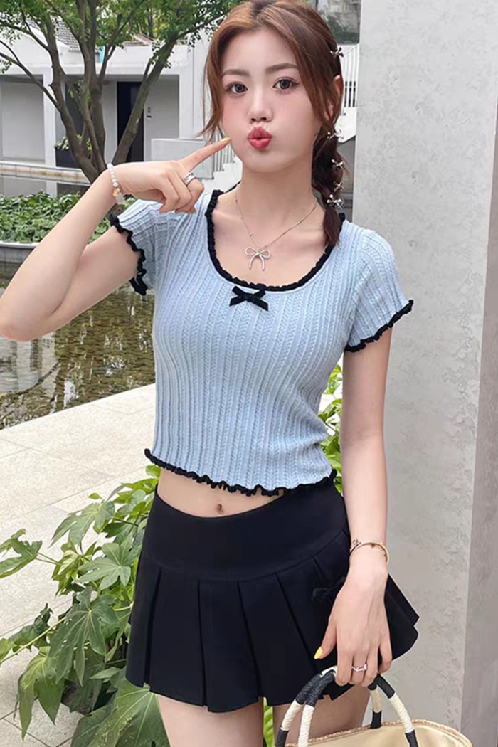 Knitted short sleeve short tops all-match bow sweater