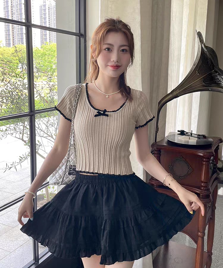 Knitted short sleeve short tops all-match bow sweater