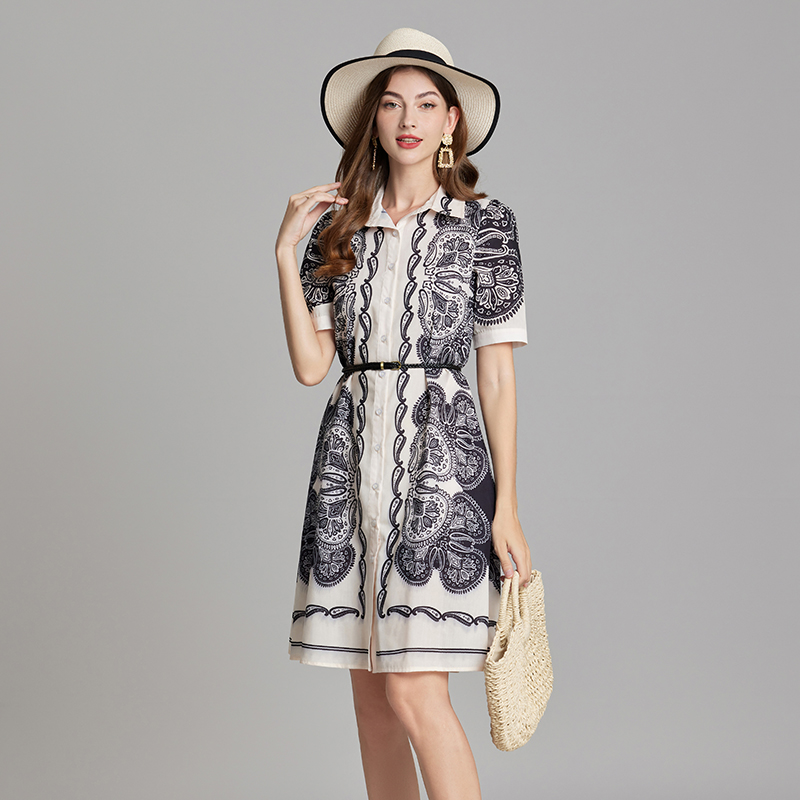 Colors with belt classic shirt summer black-white dress