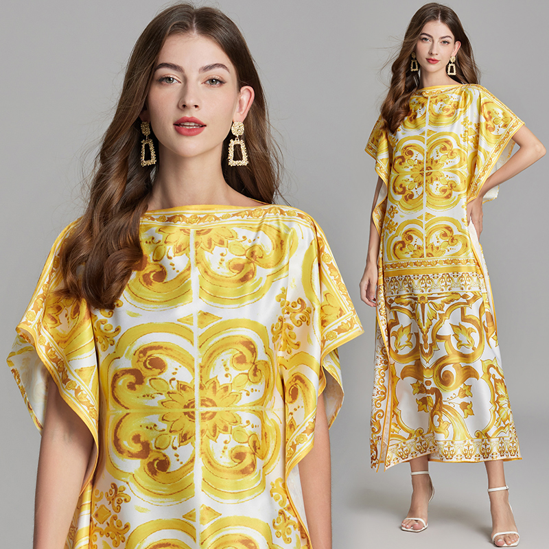 Loose gold bat straight summer big flower dress