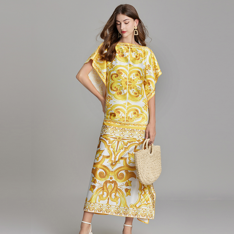 Loose gold bat straight summer big flower dress