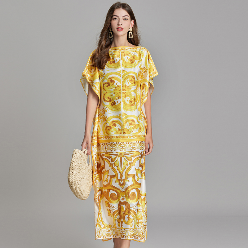 Loose gold bat straight summer big flower dress