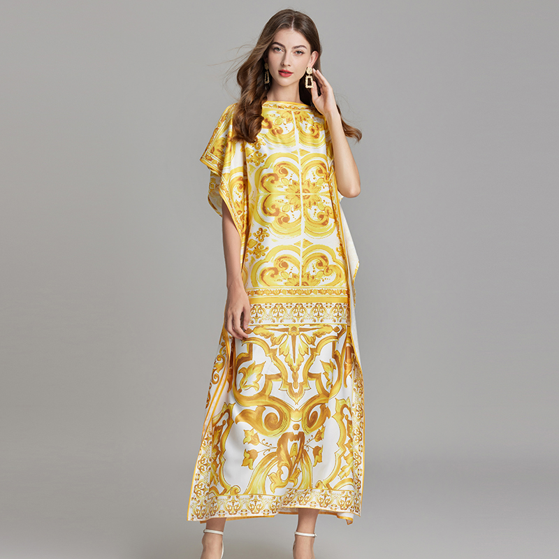 Loose gold bat straight summer big flower dress