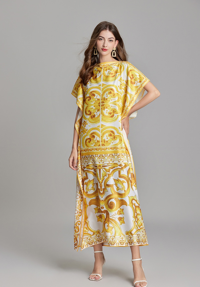 Loose gold bat straight summer big flower dress