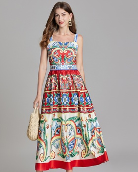 High waist A-line printing dress big skirt slim vest