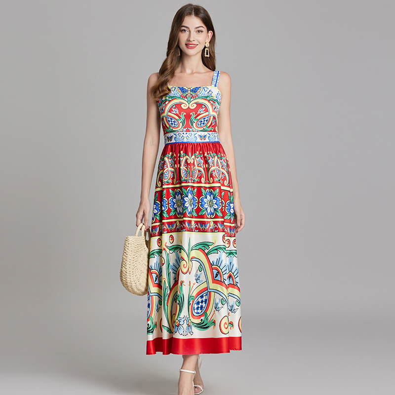 High waist A-line printing dress big skirt slim vest