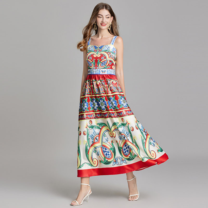 High waist A-line printing dress big skirt slim vest