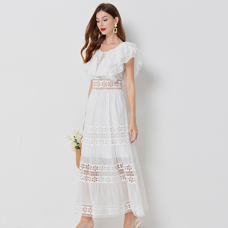 Cotton hollow big skirt lotus sleeve splice cool dress