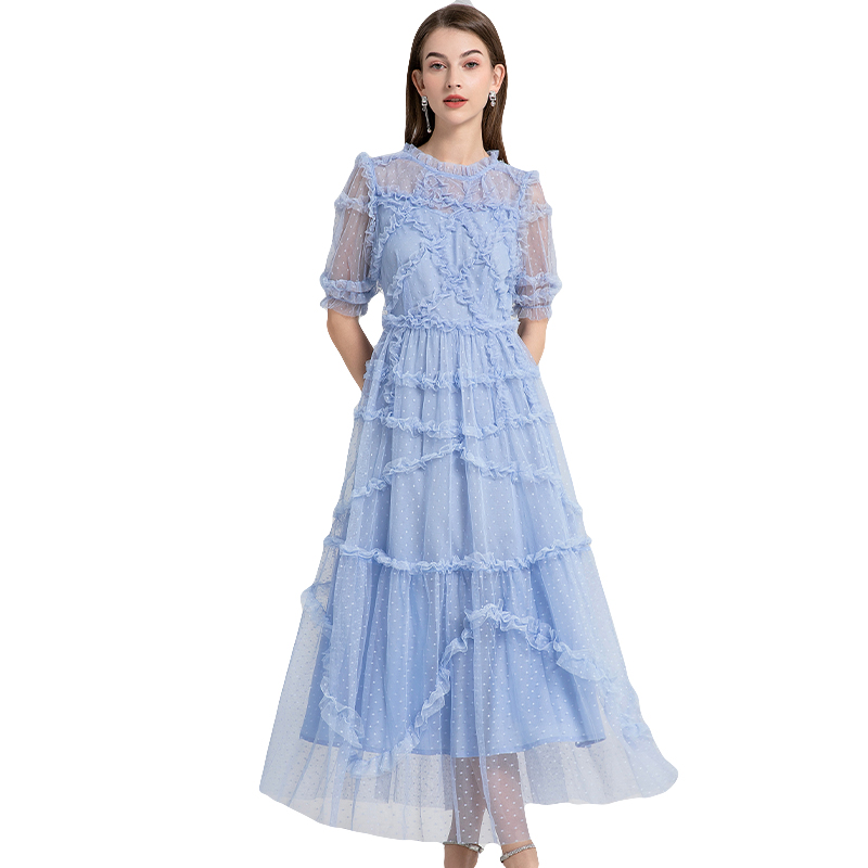 Big skirt round neck blue France style dress