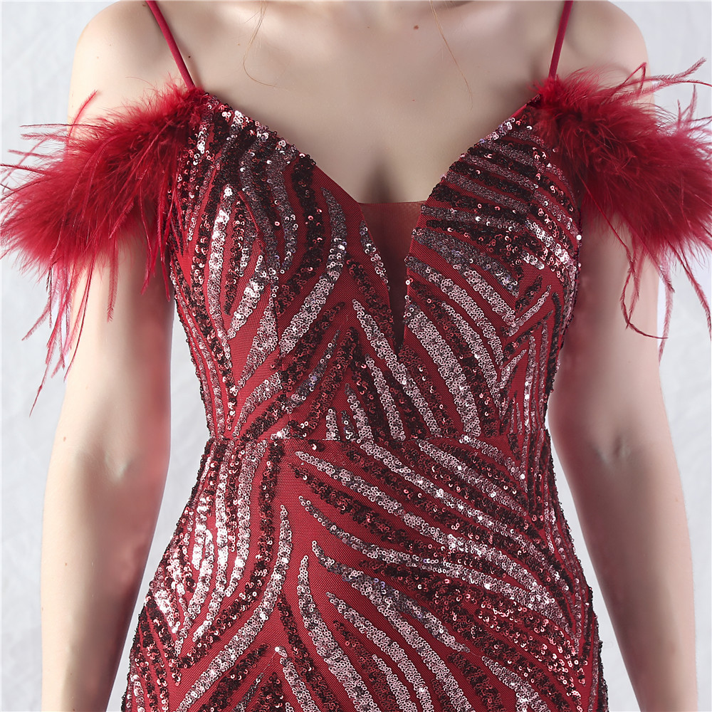 Gauze splice sequins ostrich hair evening dress