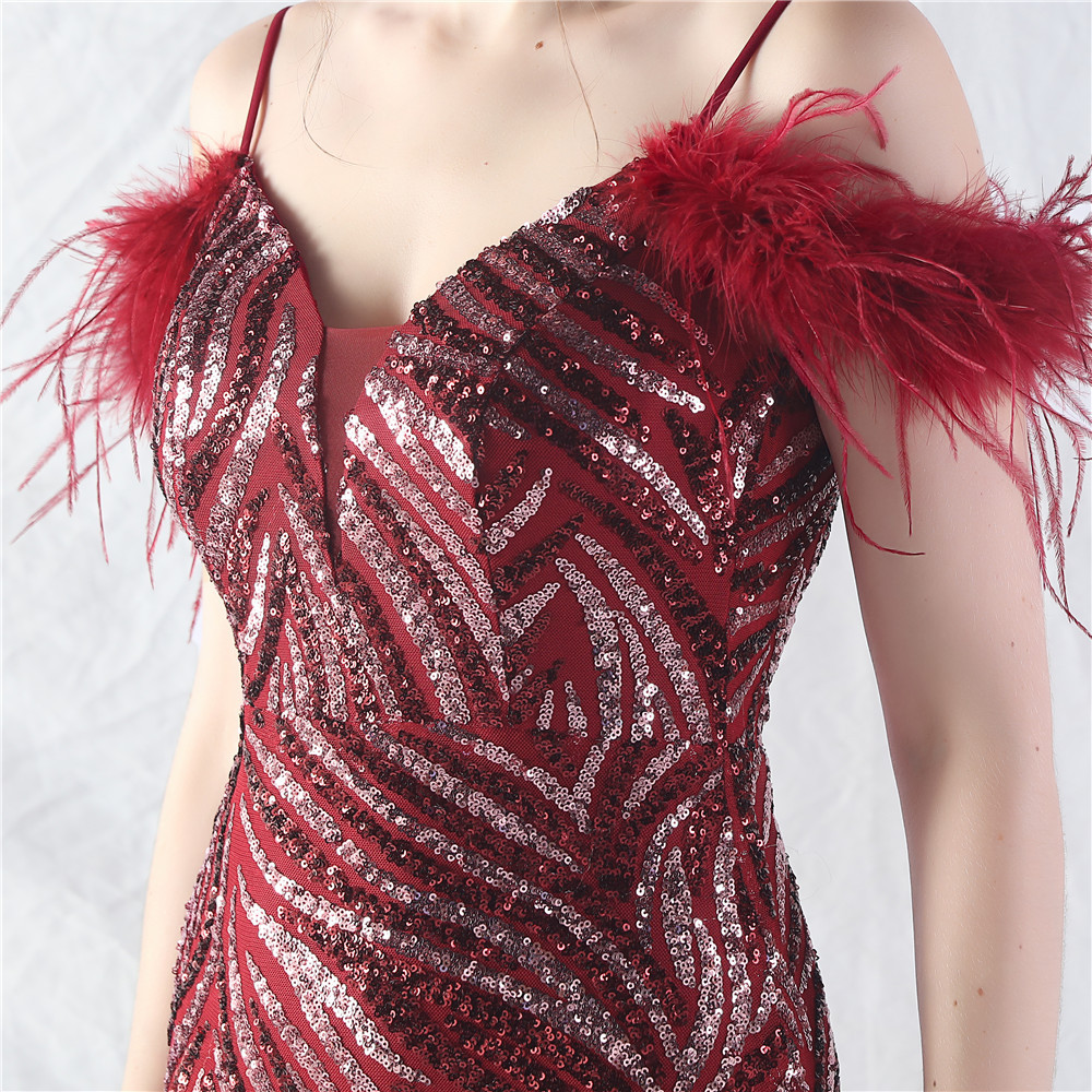 Gauze splice sequins ostrich hair evening dress