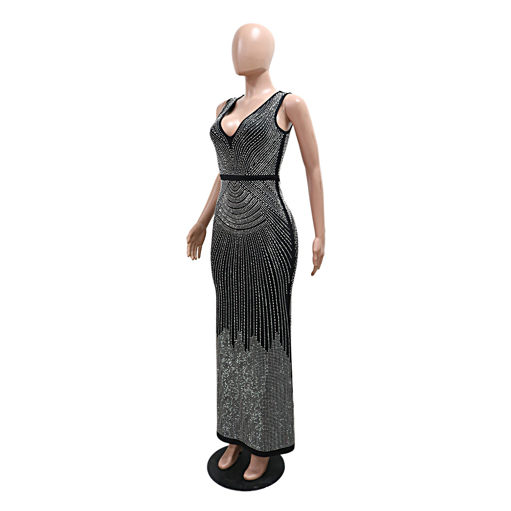 European style V-neck dress rhinestone long dress for women