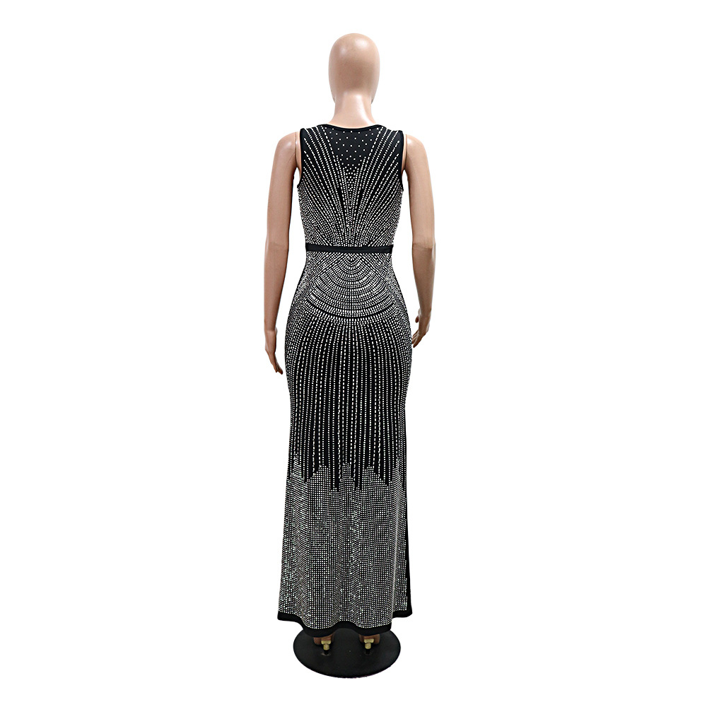 European style V-neck dress rhinestone long dress for women