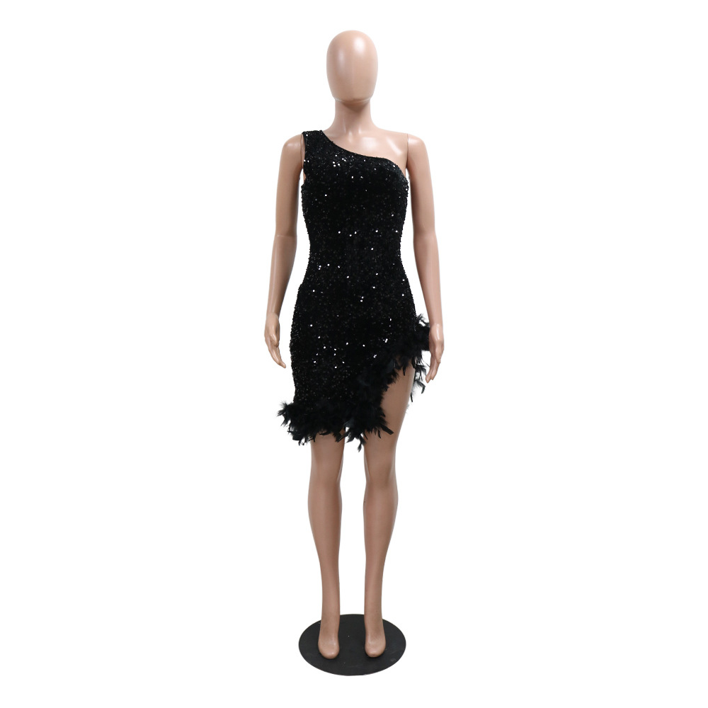 Feather sloping shoulder sequins package hip dress